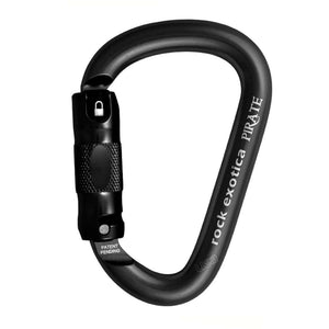 Rock Exotica Pirate Auto Lock Carabiner for tree surgeons, featuring a durable, pear-shaped design and robust locking mechanism.