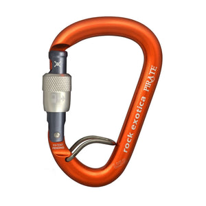 Orange Pirate WireEye screwgate lock carabiner, ideal for tree surgeons and outdoor gear safety.