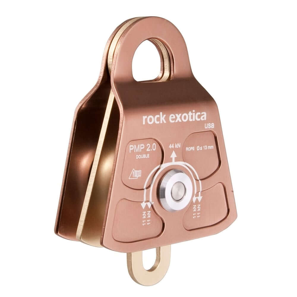 Rock Exotica PMP 2.0 Double Pulley, 44kN MBS, ideal for tree surgeons and heavy load applications.