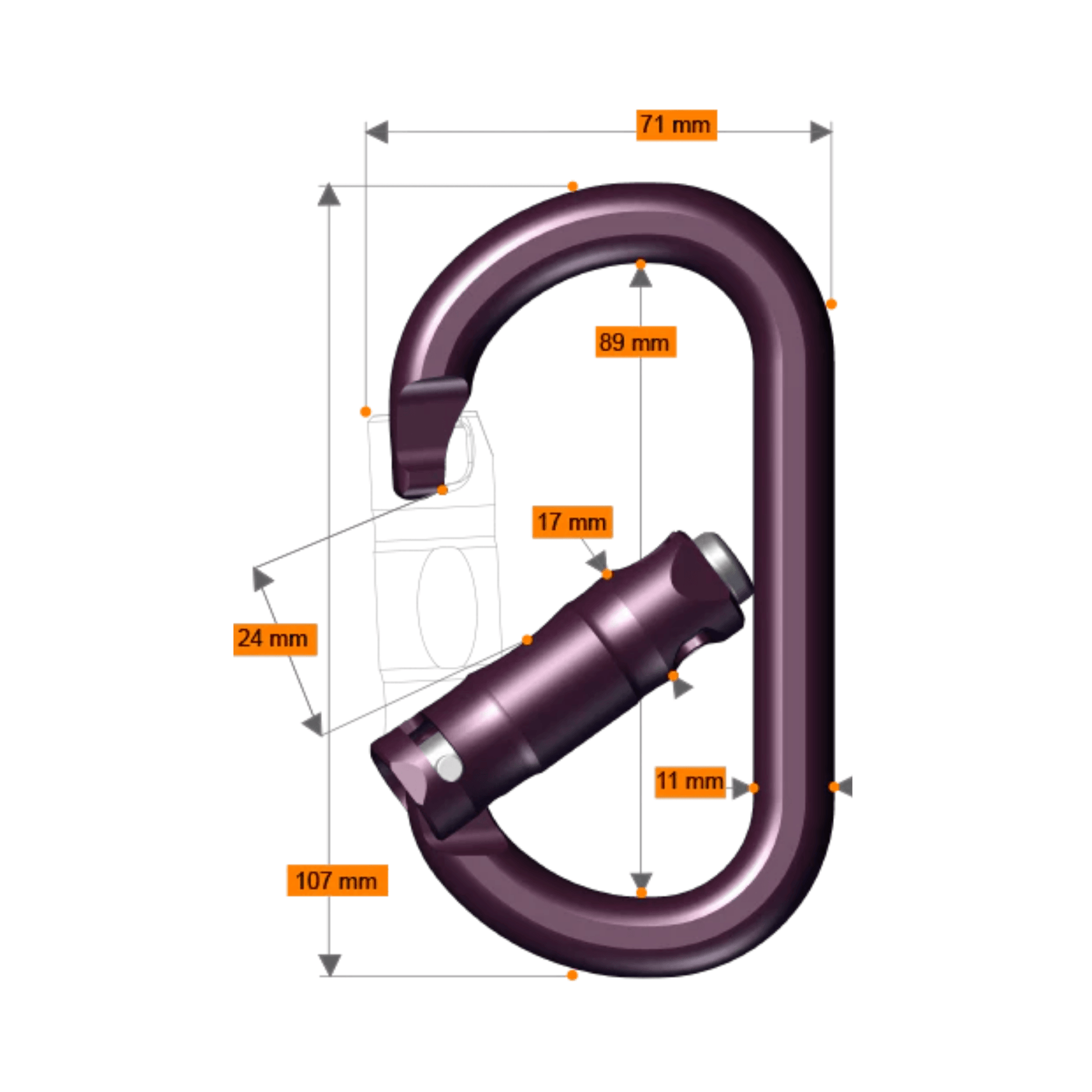 RockO Screwgate Lock Carabiner dimensions and specifications diagram, showcasing its enhanced oval design.