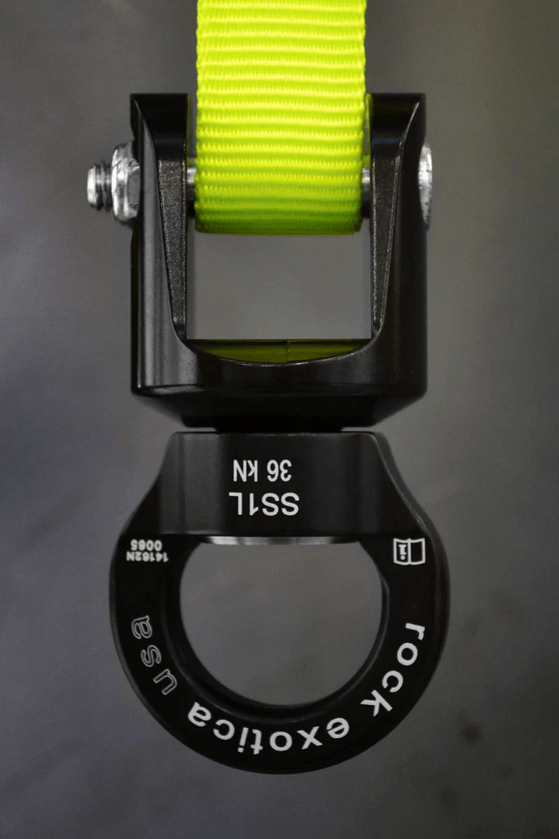 Rock Exotica SS1 swivel shackle with yellow strap, designed for tree surgeons for enhanced durability and space-saving performance.