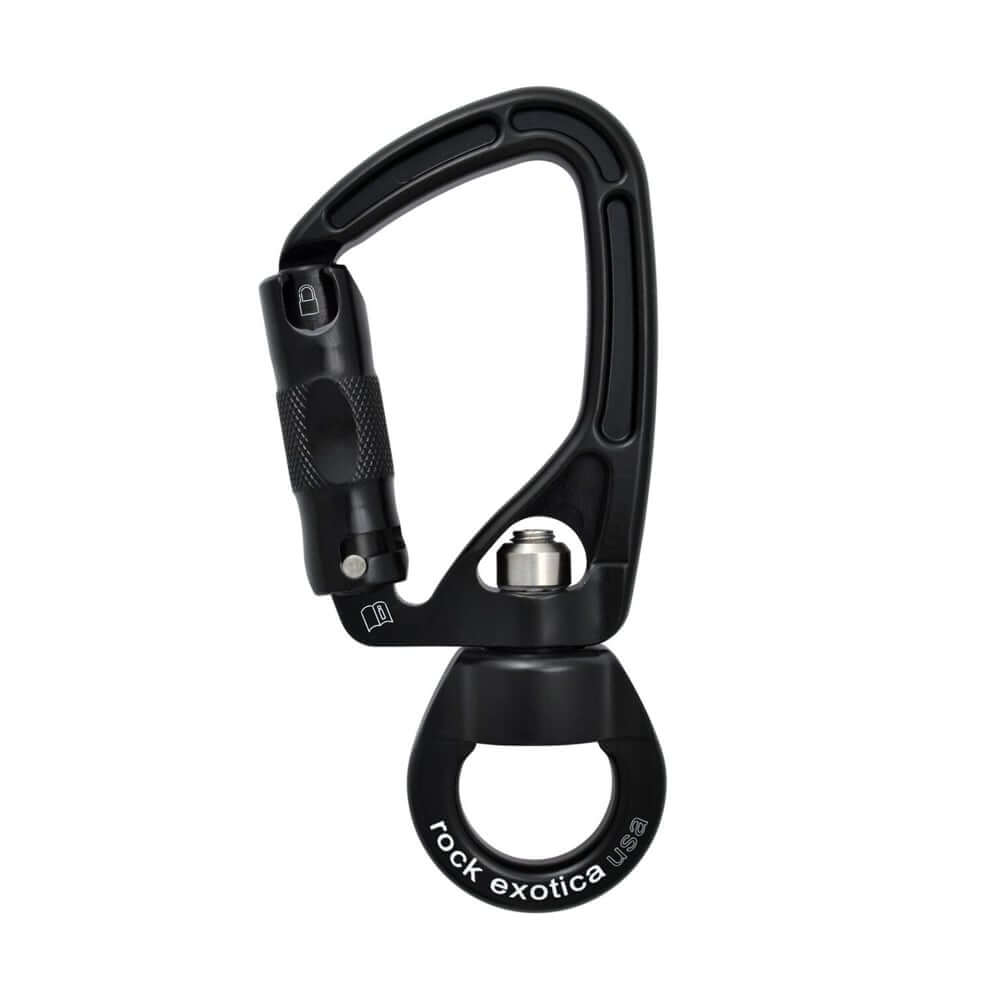 Rock Exotica SwivaEye Auto Lock Carabiner for tree surgeons, featuring advanced swivel design and lightweight aluminum frame.