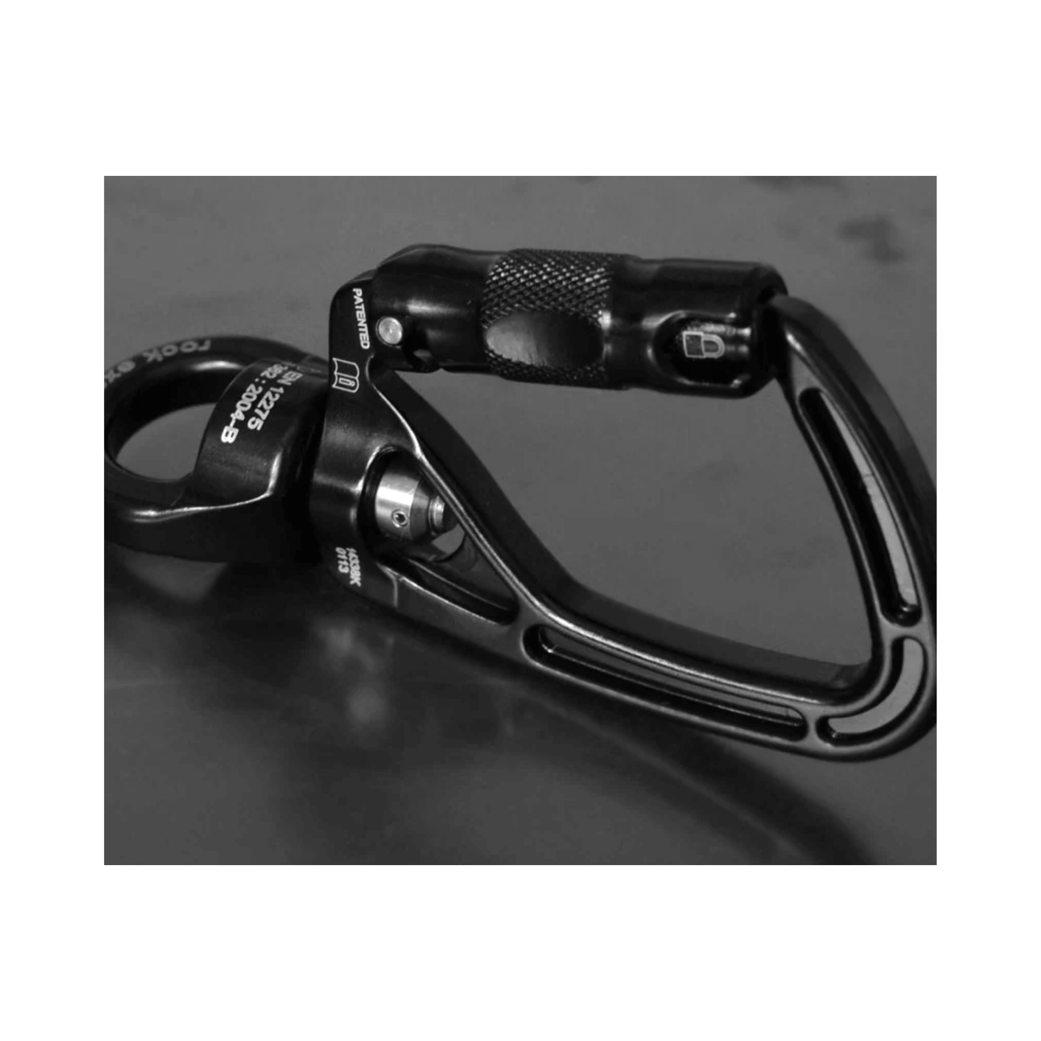 SwivaEye Auto Lock Carabiner showing integrated swivel connector for enhanced performance in climbing and rigging.