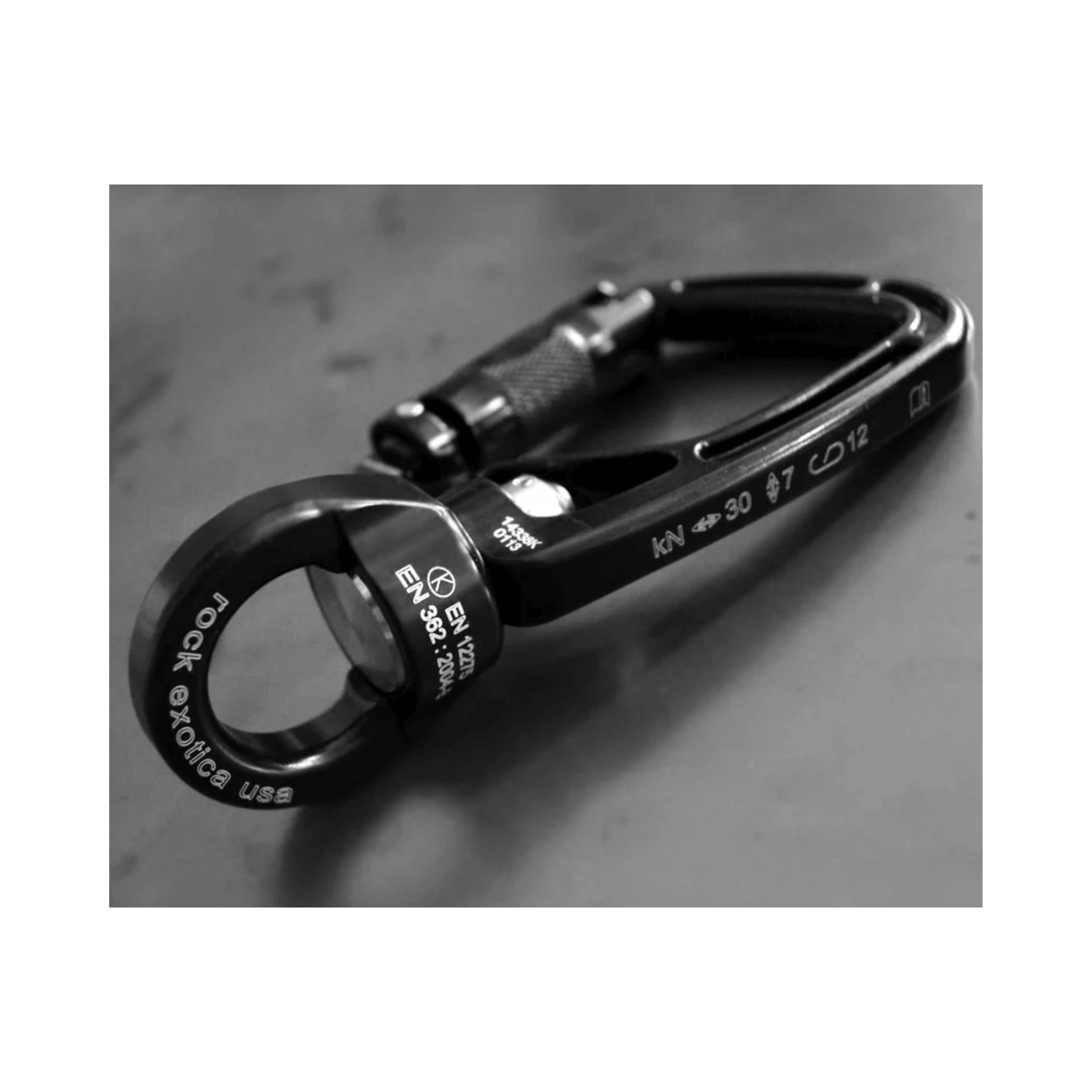 SwivaEye Auto Lock Carabiner with integrated swivel, designed for high-speed rotation and efficiency in rigging systems.