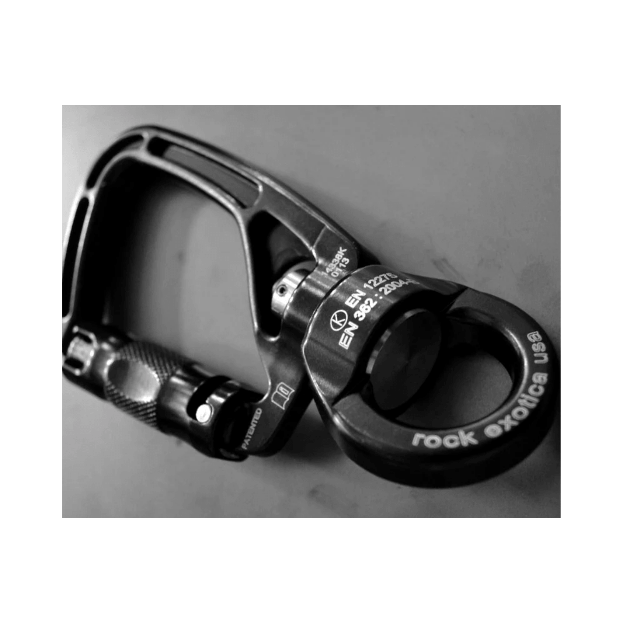 SwivaEye Auto Lock Carabiner by Rock Exotica with integrated swivel for efficient rigging and rope access.