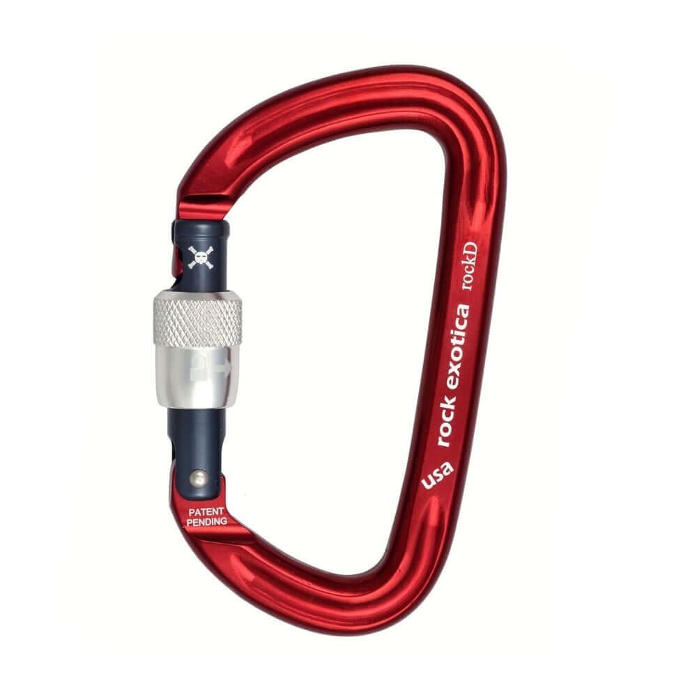 RockD Screwgate Lock Carabiner in red, anodized aluminum for tree surgeons, featuring a unique screw-lock and enlarged flange.
