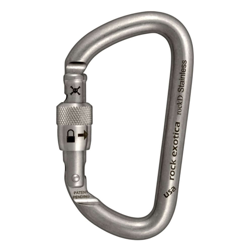 RockD stainless screw lock carabiner by Rock Exotica, ideal for tree surgeons and harsh environments.
