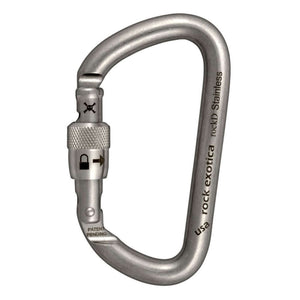 RockD stainless screw lock carabiner by Rock Exotica, ideal for tree surgeons and harsh environments.