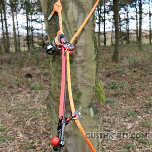 Close-up of Ropeguide Twinline Cambium Saver attached to a tree, showcasing its dual-line system for tree surgeons.