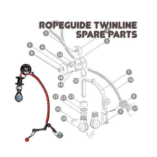 Diagram of Ropeguide Twinline spare parts, essential for tree surgeons, showcasing components and assembly.