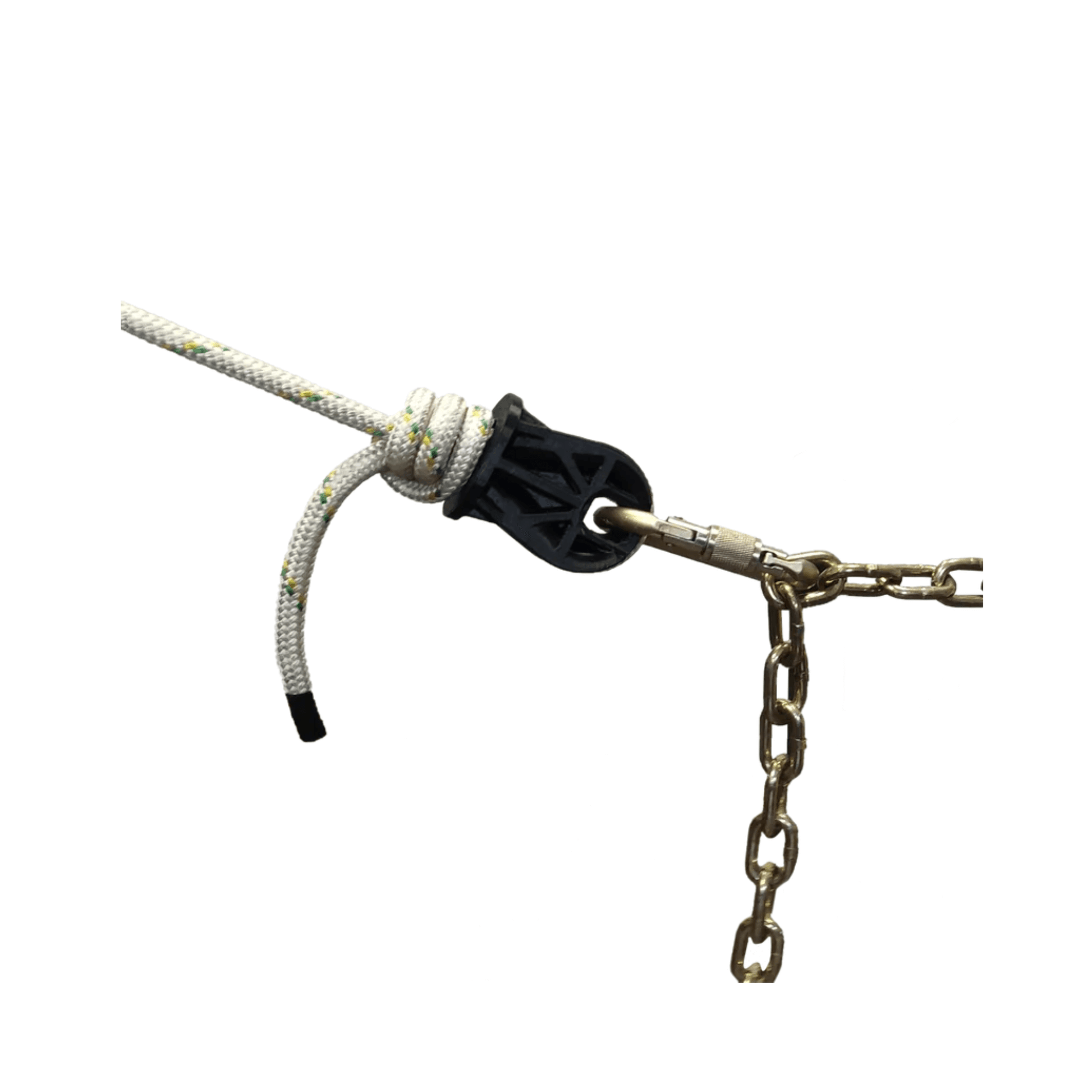 ROPEWIZER Heavy Duty Thimble attached to rope and chain, enhancing rope strength for tree surgeons.