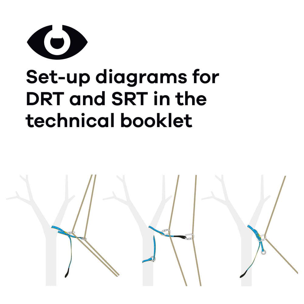 Set-up diagrams for DRT and SRT in technical booklet for tree surgeons and aerial rescue applications.