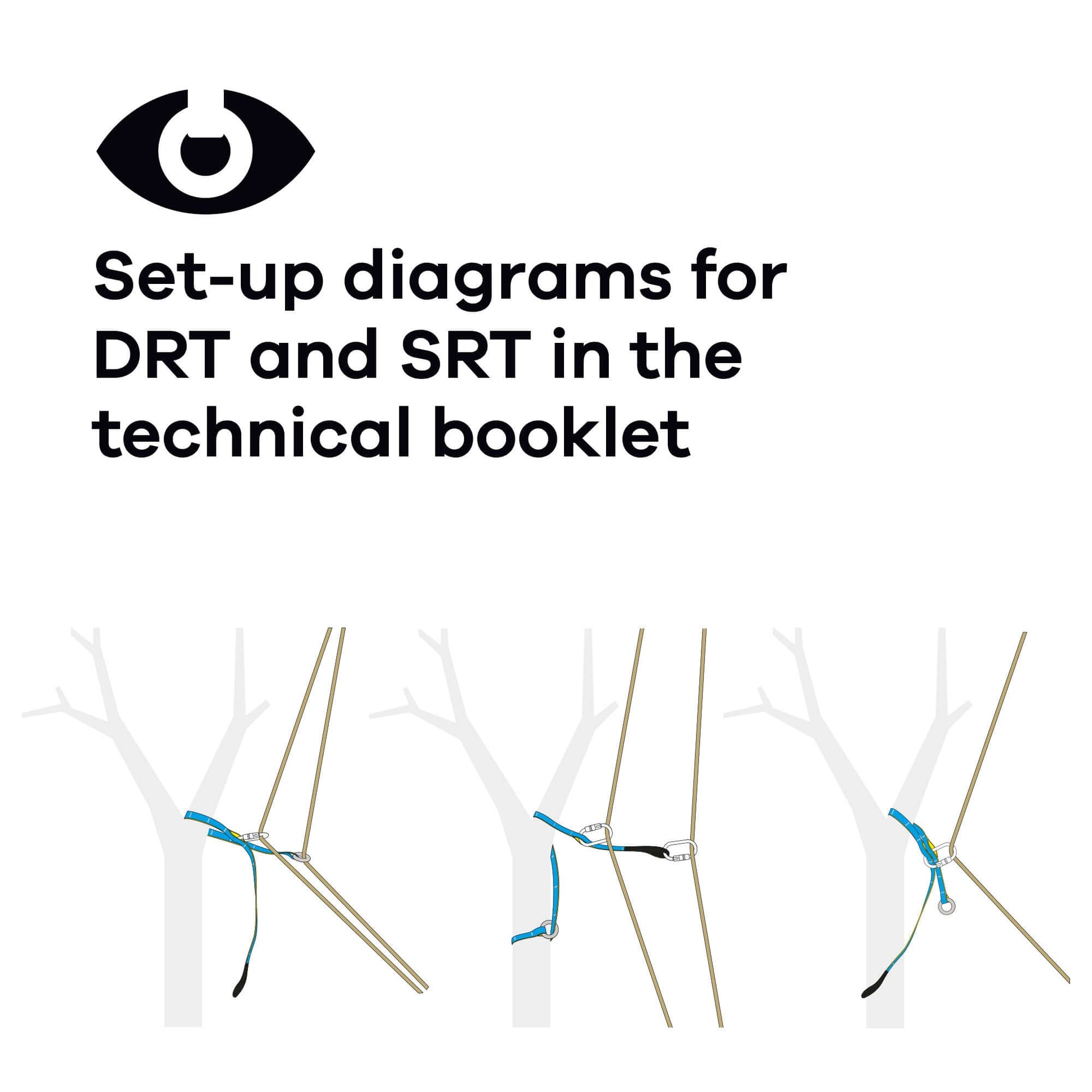 Set-up diagrams for DRT and SRT in technical booklet for tree surgeons and aerial rescue applications.