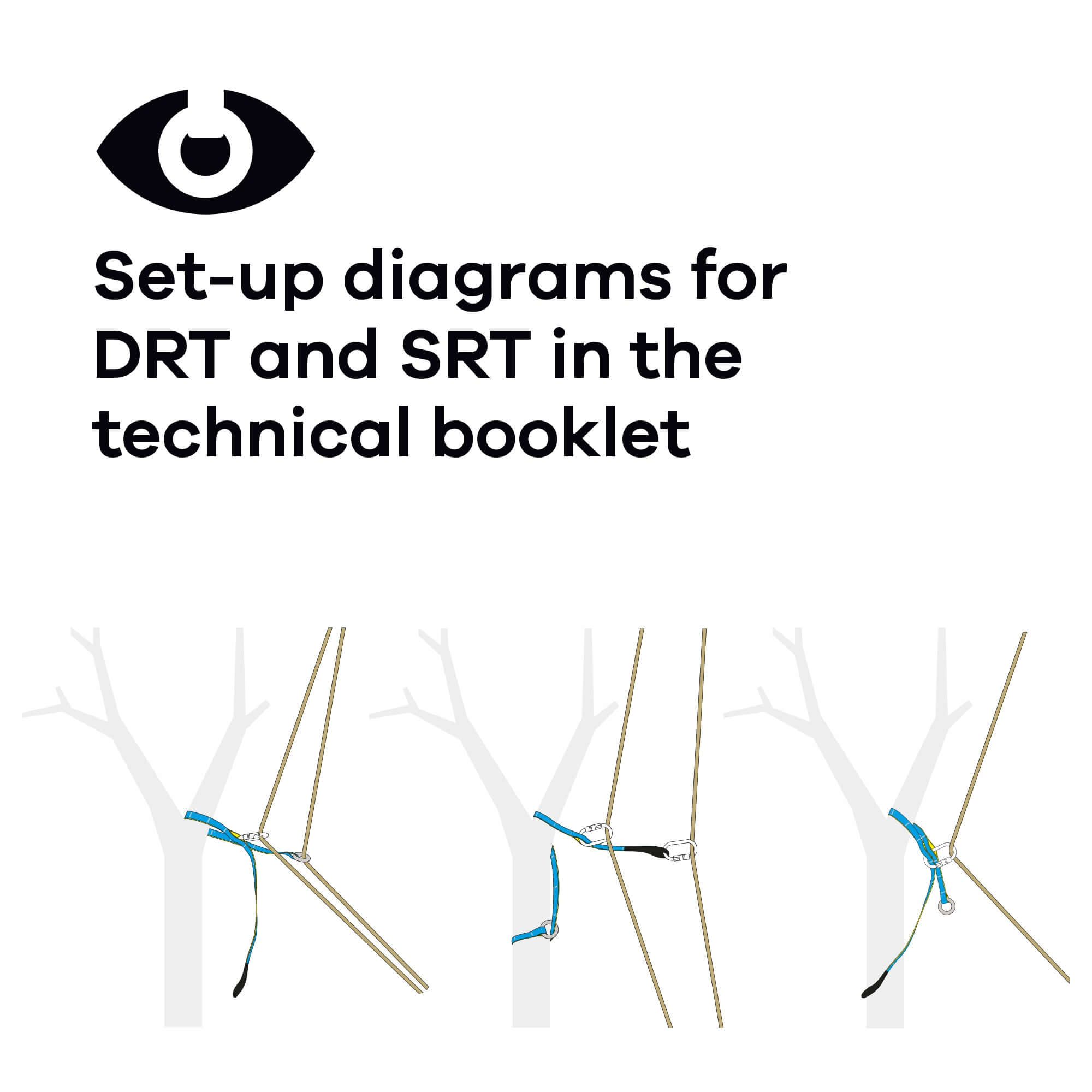 Set-up diagrams for DRT and SRT in technical booklet for tree surgeons and aerial rescue applications.