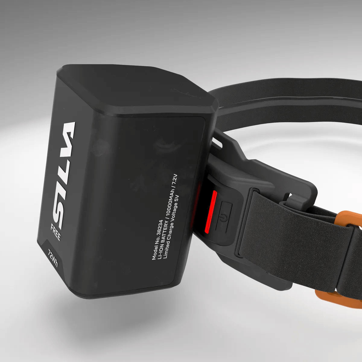 Close-up of the FreeLight 3000 headlamp battery pack featuring integrated power cord and adjustable headband.