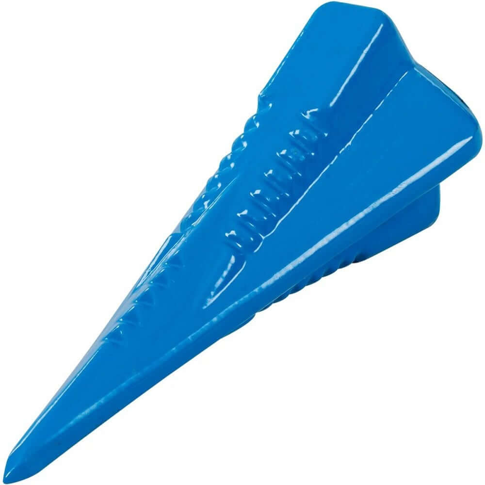 Blue diamond-shaped log splitter for efficient firewood preparation by tree surgeons.
