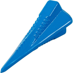 Blue diamond-shaped log splitter for efficient firewood preparation by tree surgeons.