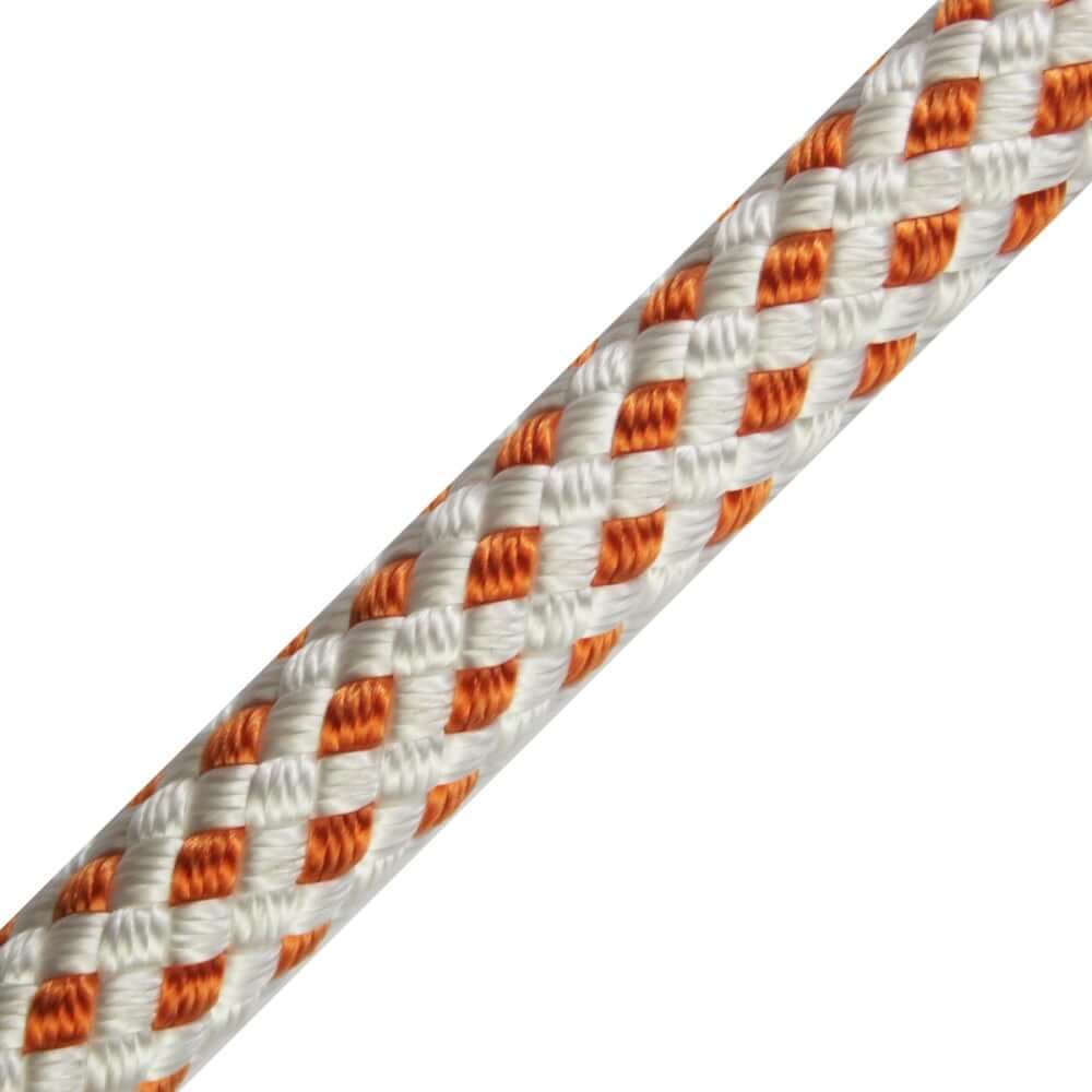 Close-up of the Teufelberger Sirius Bull rigging rope, featuring a strong double braid design in white and orange.