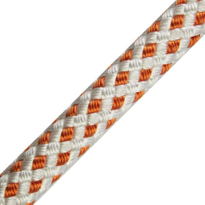 Close-up of the Teufelberger Sirius Bull rigging rope, featuring a strong double braid design in white and orange.