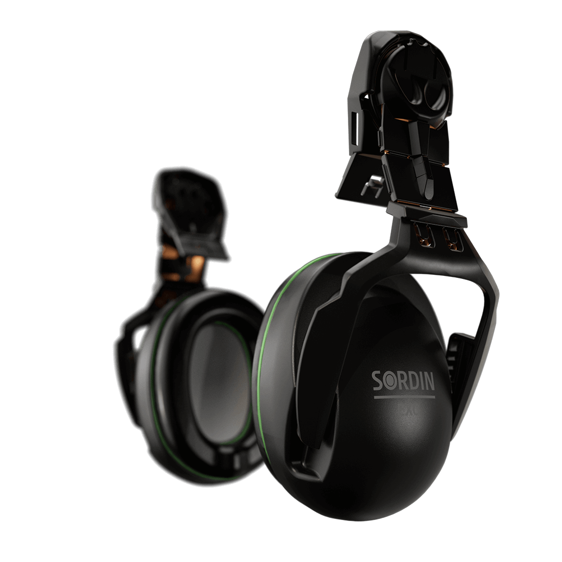 Sordin EXC ear defenders, helmet-mounted, black. 26SNR protection for noise reduction. 