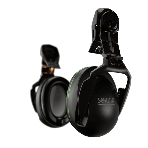 Sordin EXC ear defenders, helmet-mounted, black. 26SNR protection for noise reduction. 