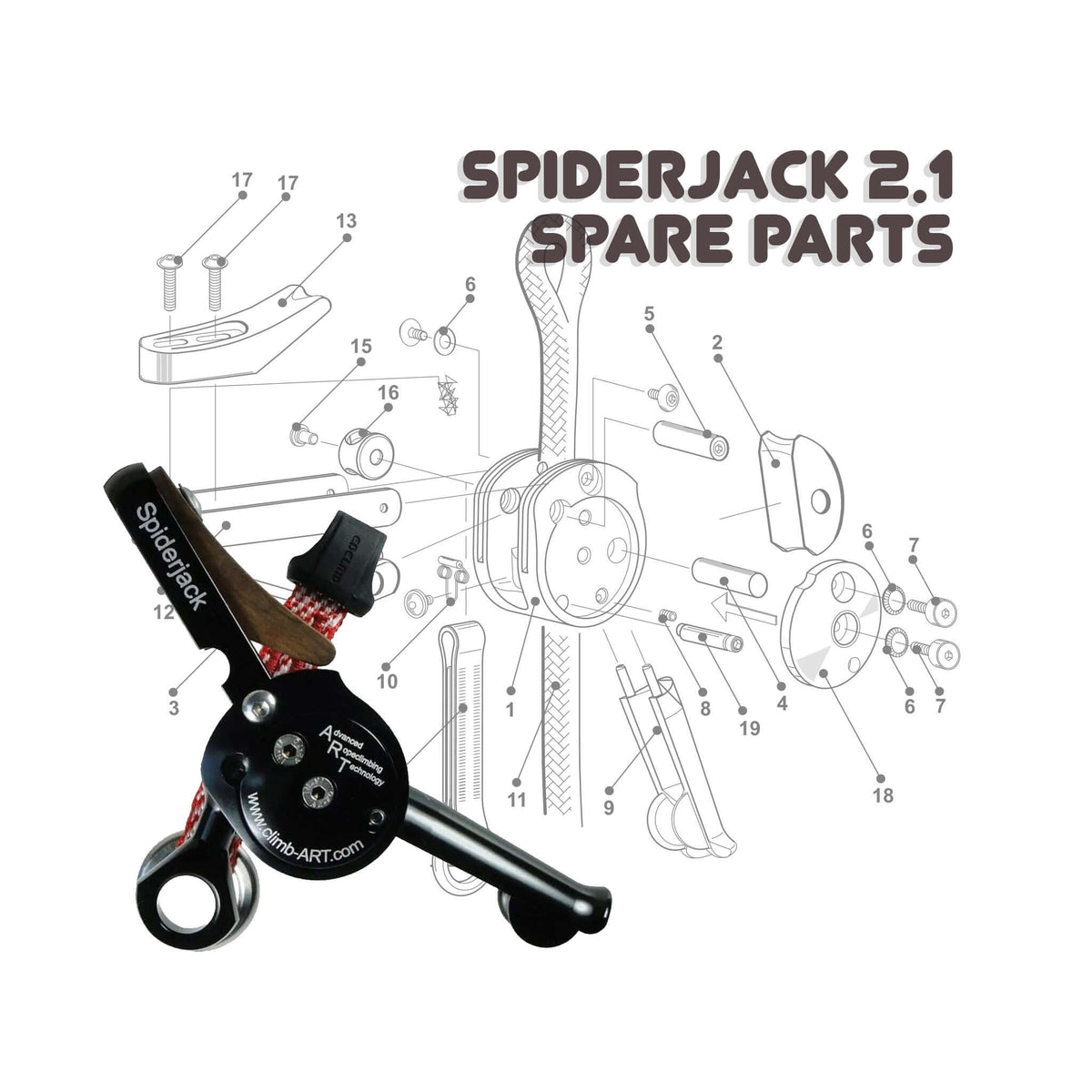 Spiderjack 2.1 spare parts for tree surgeons; includes detailed diagram and part identification.