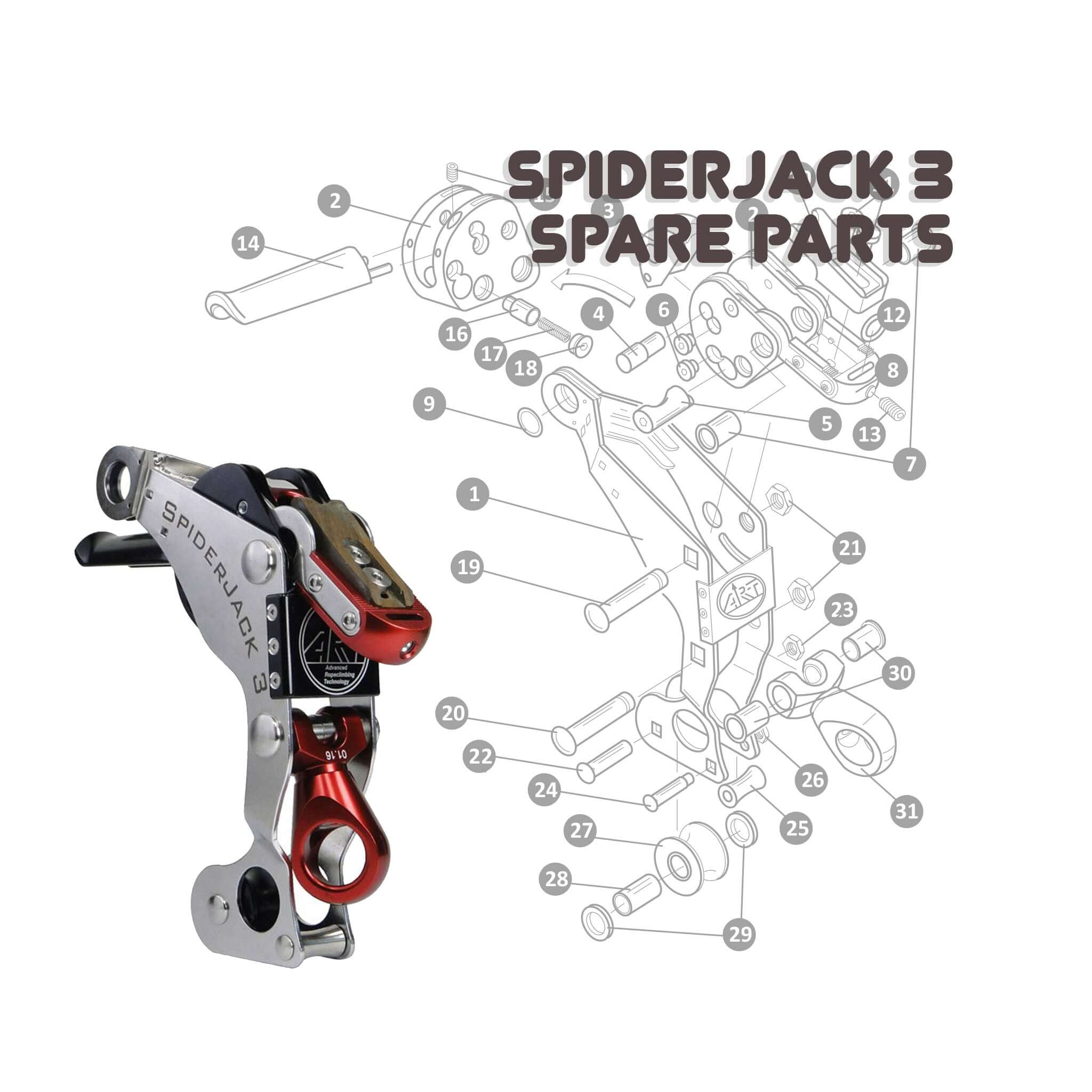 Spiderjack 3 spare parts diagram for tree surgeons, featuring detailed components and recommended rope sizes.