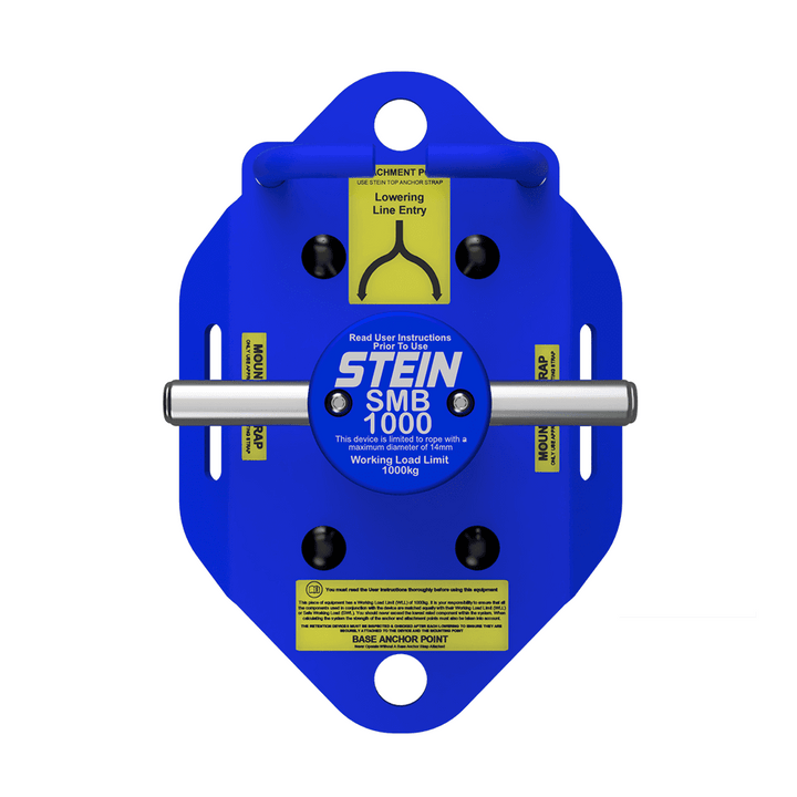 A blue STEIN SMB1000 rigging bollard with product information and warning labels on the side.