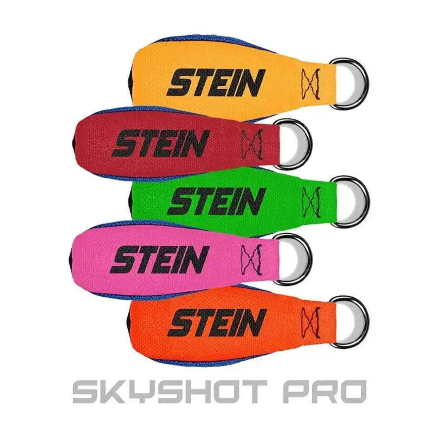 Colorful throwbags in various sizes for tree surgeons from Stein, featuring the Skyshot Pro logo.