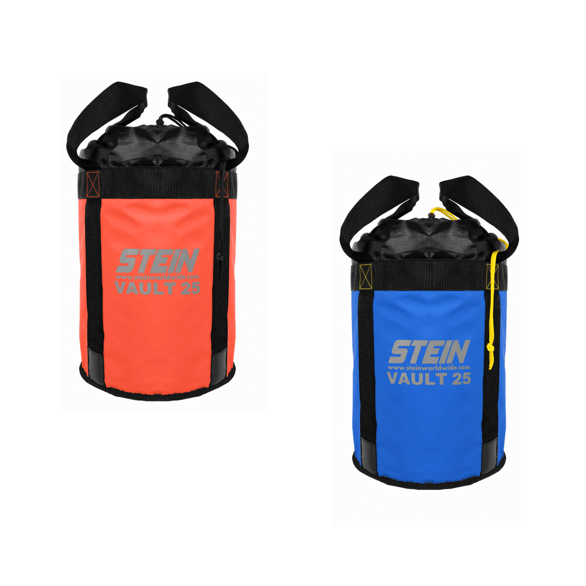 Stein Vault 25 Climbing Storage Bags in orange and blue; durable, waterproof gear storage for tree surgeons.