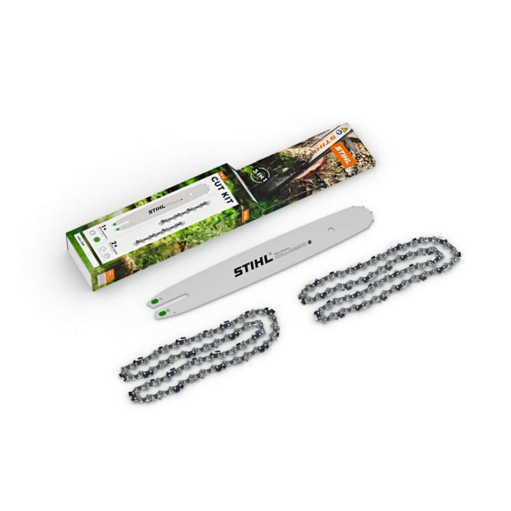 STIHL Cut Kit 8 featuring Rollomatic E guide bar and two PS3 saw chains for MSA 220, MS 201 chainsaws.