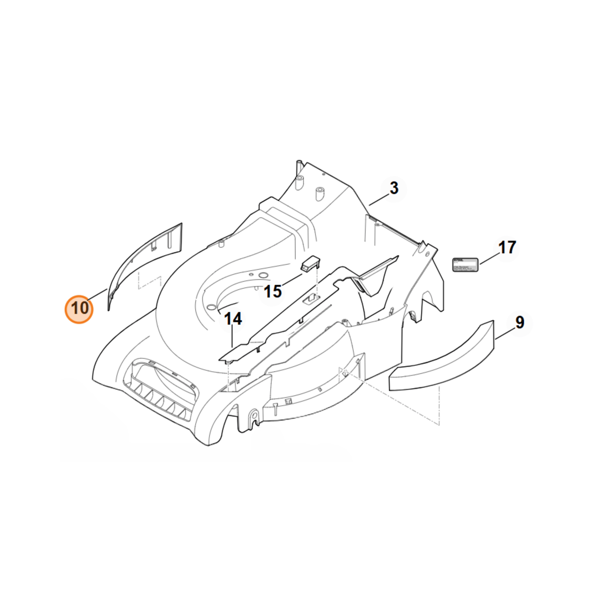 Diagram of Protection Strip for Stihl MB655, MB750, MB755 Mowers highlighting parts 9, 10, 14, 15, and 17.