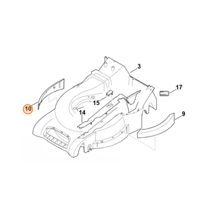 Diagram of Protection Strip for Stihl MB655, MB750, MB755 Mowers highlighting parts 9, 10, 14, 15, and 17.