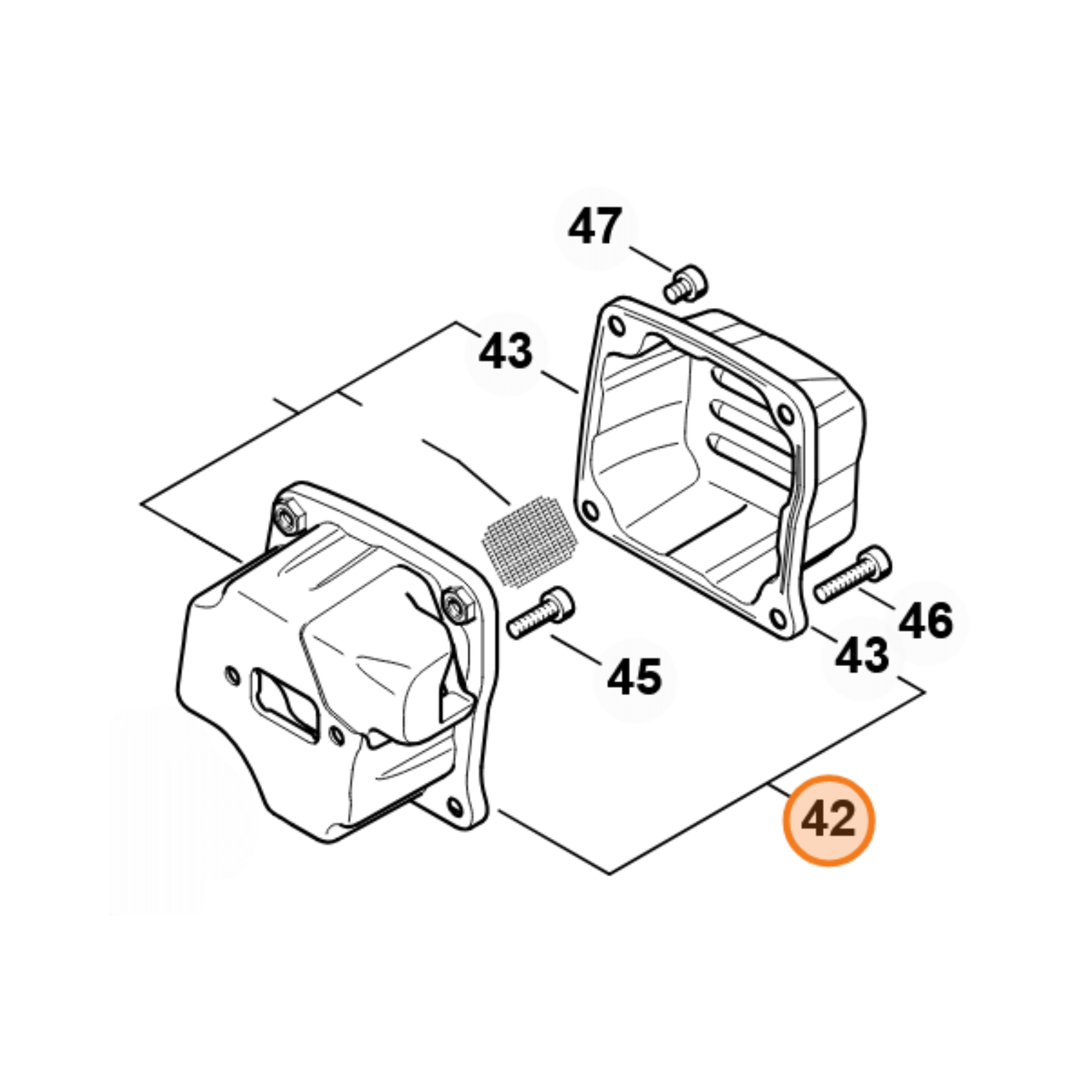 Diagram of crankcase components for STIHL MS 400 C-M chainsaw including parts 42, 43, 45, 46, and 47.