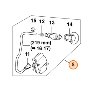 Diagram of components for Stihl MS 661 C-M chainsaw control unit, including parts labeled 11-15 and 8.