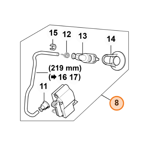 Diagram of components for Stihl MS 661 C-M chainsaw control unit, including parts labeled 11-15 and 8.