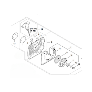 STIHL MS361 chainsaw recoil starter assembly diagram showing parts and components for replacement and repair.