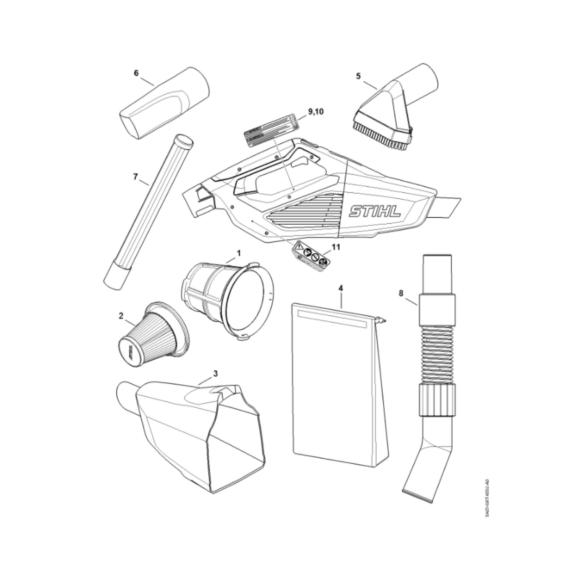 STIHL SEA 20 cordless hand vacuum spare parts diagram showcasing genuine replacement components.
