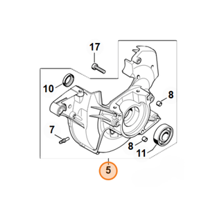 STIHL crankcase fan side diagram for TS410, TS420, TS440 petrol disc cutters, featuring genuine parts and assembly details.