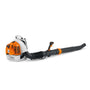 A STIHL BR 450 C-EF petrol backpack leaf blower with orange, black, and gray coloring.