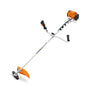 A Stihl FS 131 Petrol Brushcutter with an orange body, gray handle, and metal grass blade.
