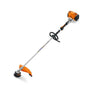 STIHL FS 131 R petrol brushcutter with an orange body, gray handle, and green trim.