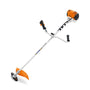 A STIHL FS 91 petrol brush cutter with an orange body, gray handle, and metallic parts.