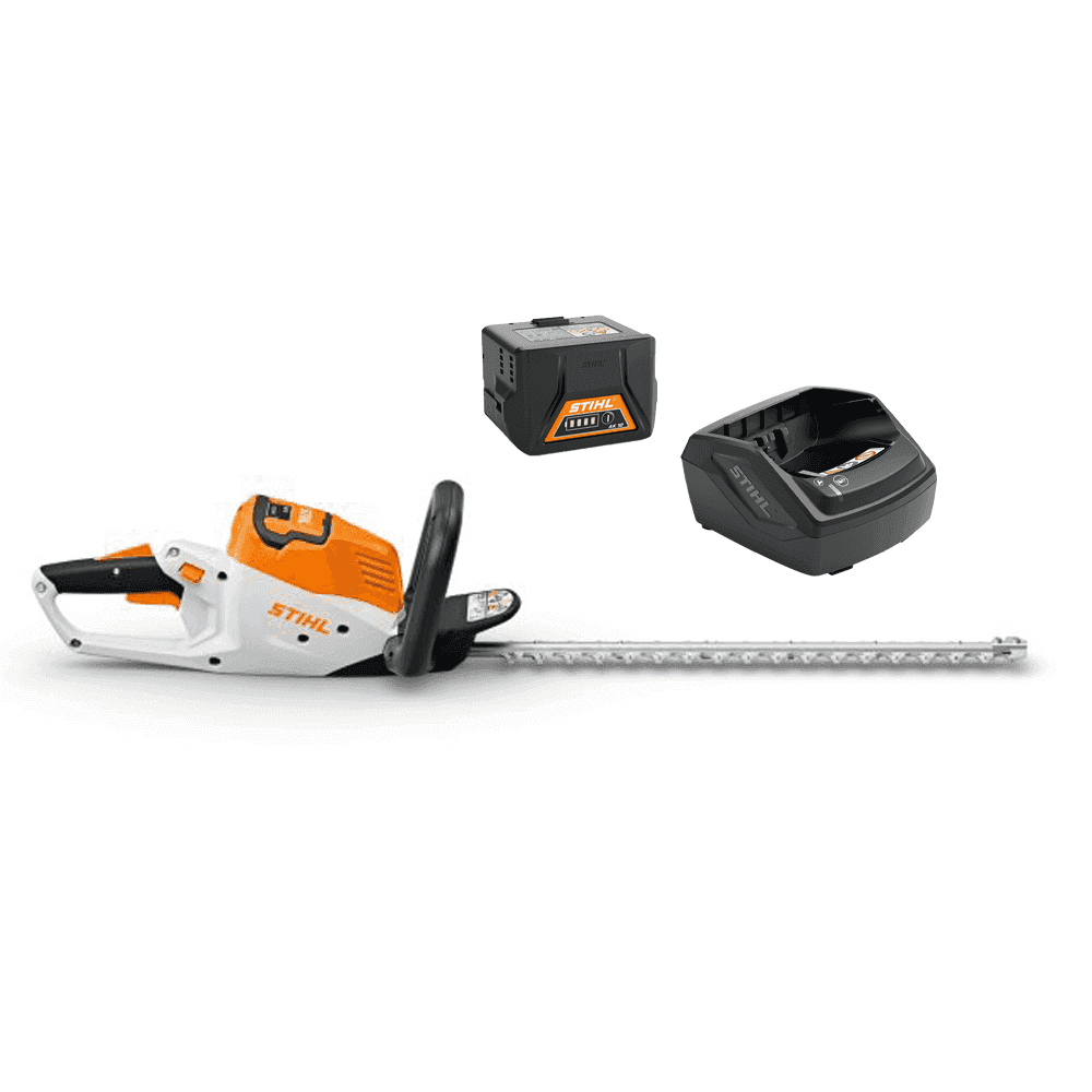 STIHL HSA 50 Cordless Hedge Trimmer with battery and charger, ideal for gardeners and tree surgeons.