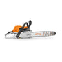 STIHL MS 261 C-M Petrol Chainsaw with an orange body, gray and white accents, and a metallic chain.