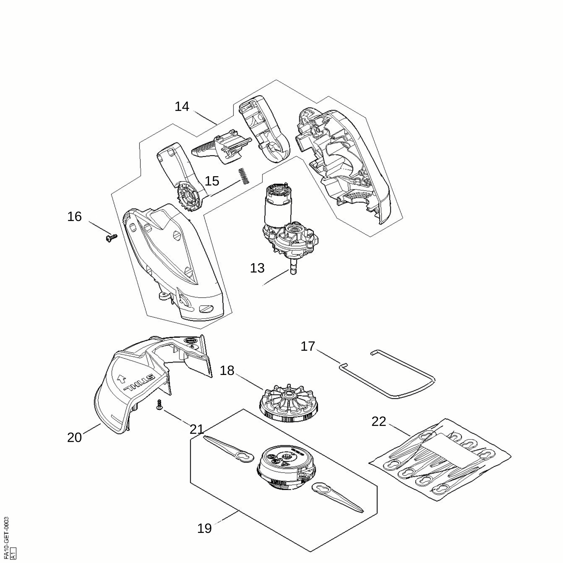 STIHL FSA 30 cordless grass trimmer spare parts diagram showing OEM components for maintenance and repair.