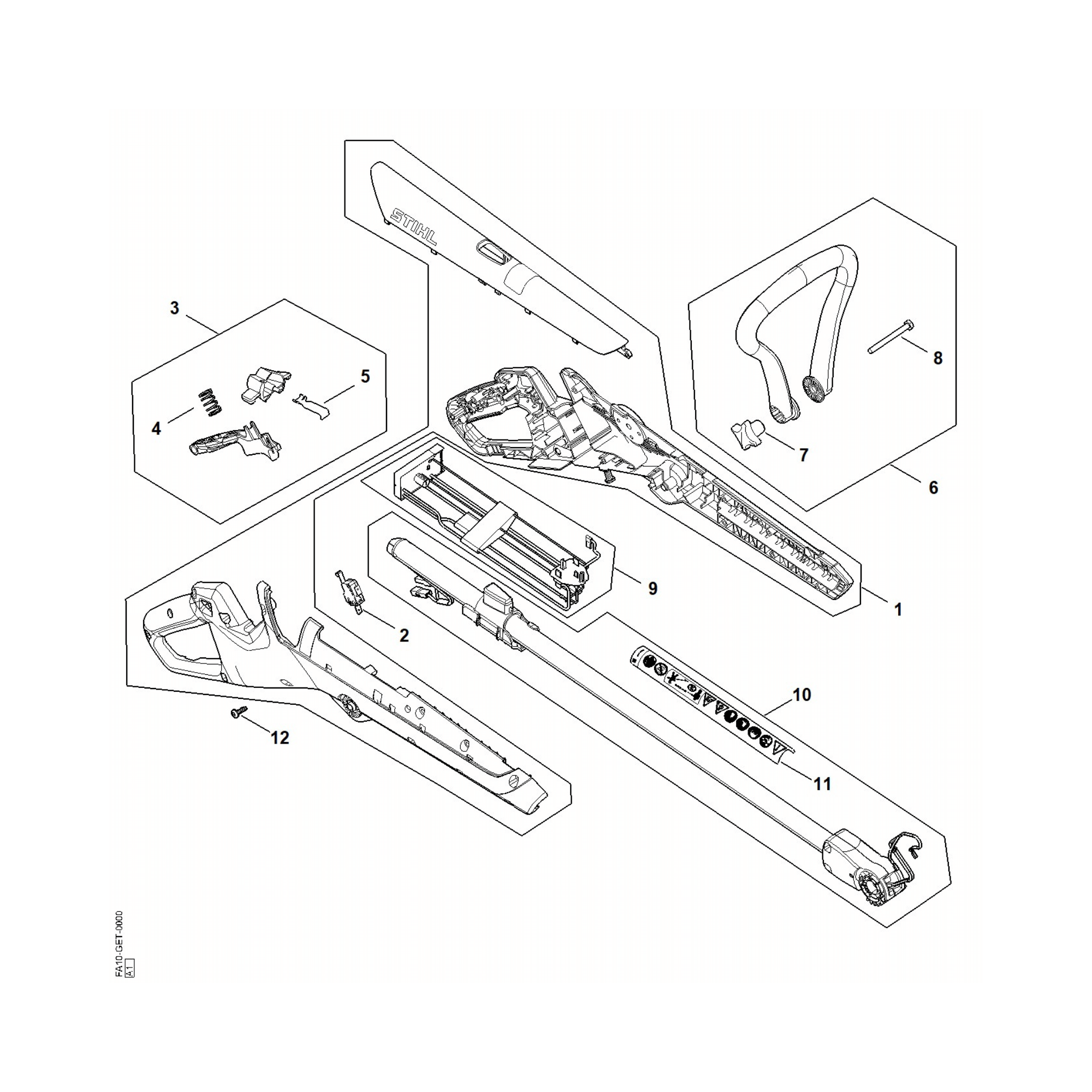 STIHL FSA 30 Cordless Grass Trimmer parts diagram illustrating genuine replacement components and assembly.