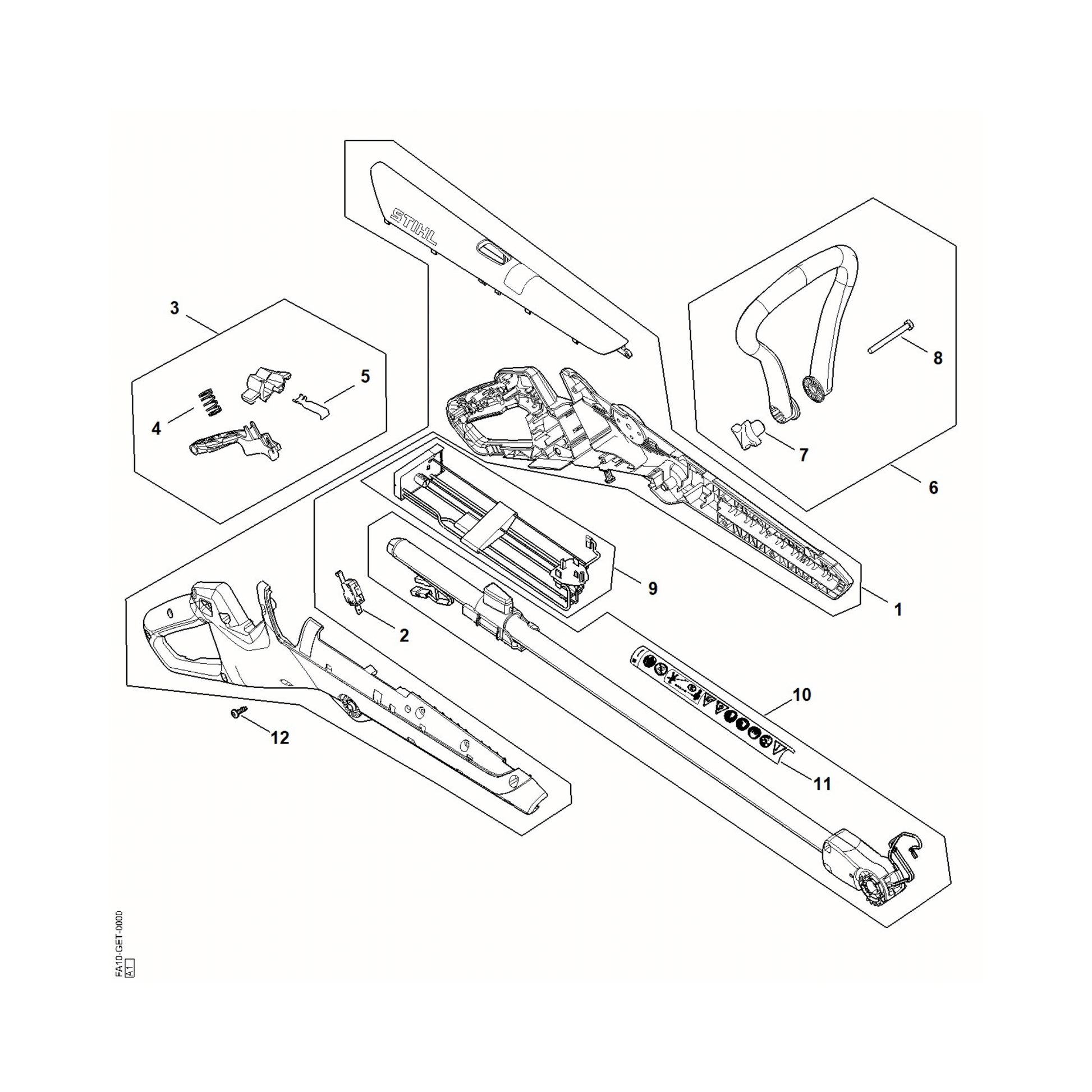 STIHL FSA 30 Cordless Grass Trimmer parts diagram illustrating genuine replacement components and assembly.