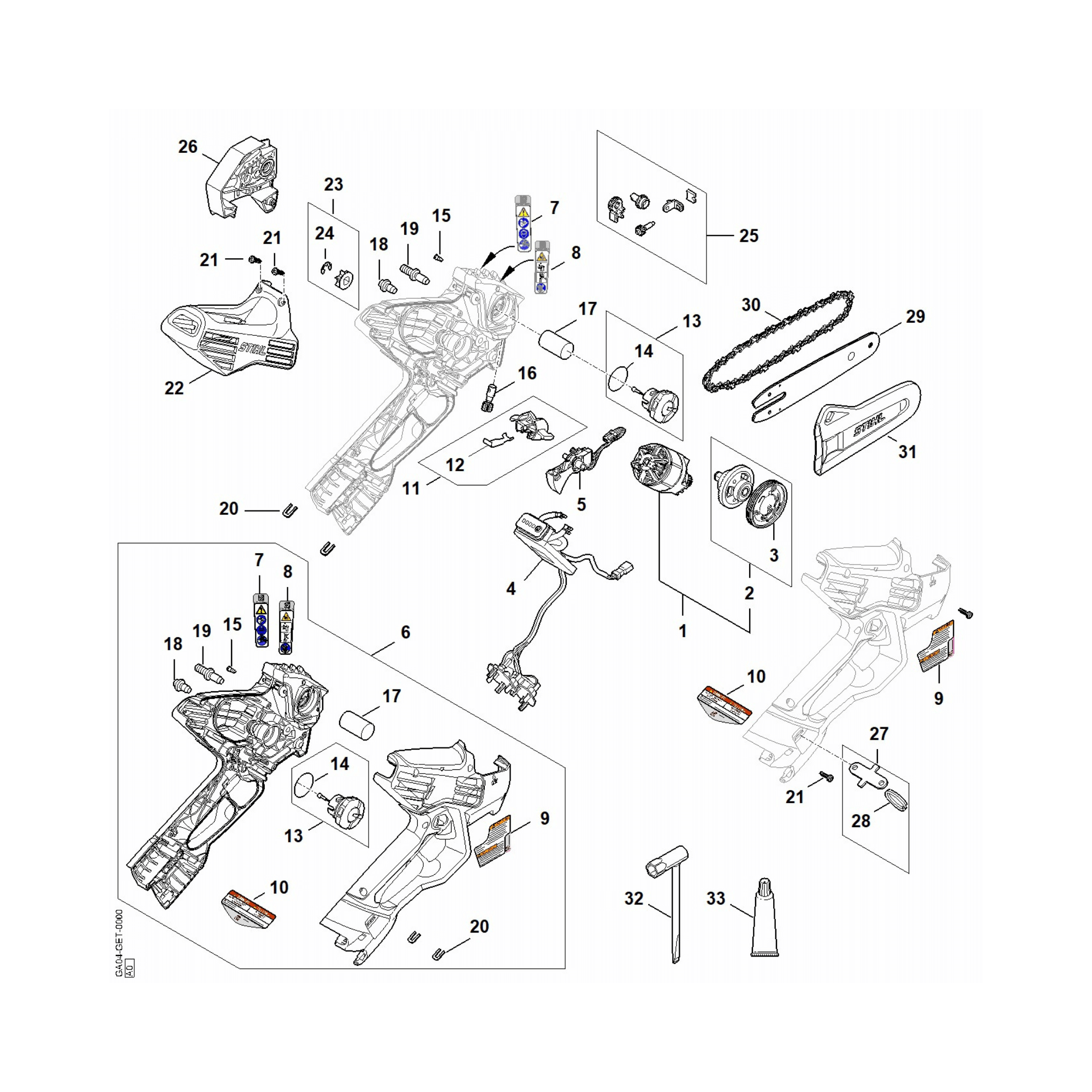 STIHL GTA 40 cordless pruner parts diagram showcasing replacement components for optimal maintenance.