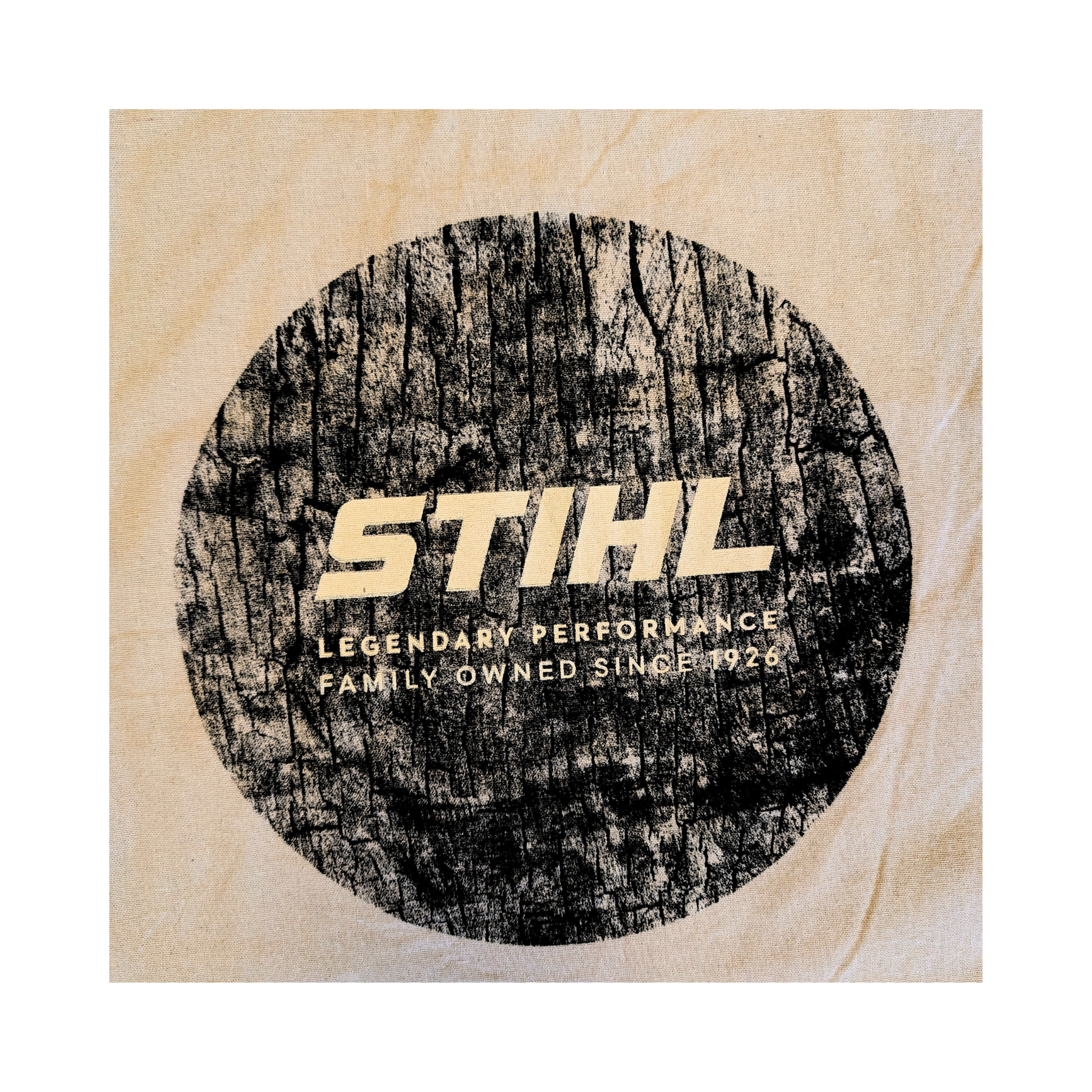 STIHL Organic Tote Bag design featuring logo and text on 100% cotton fabric, measuring 38 x 42 cm.